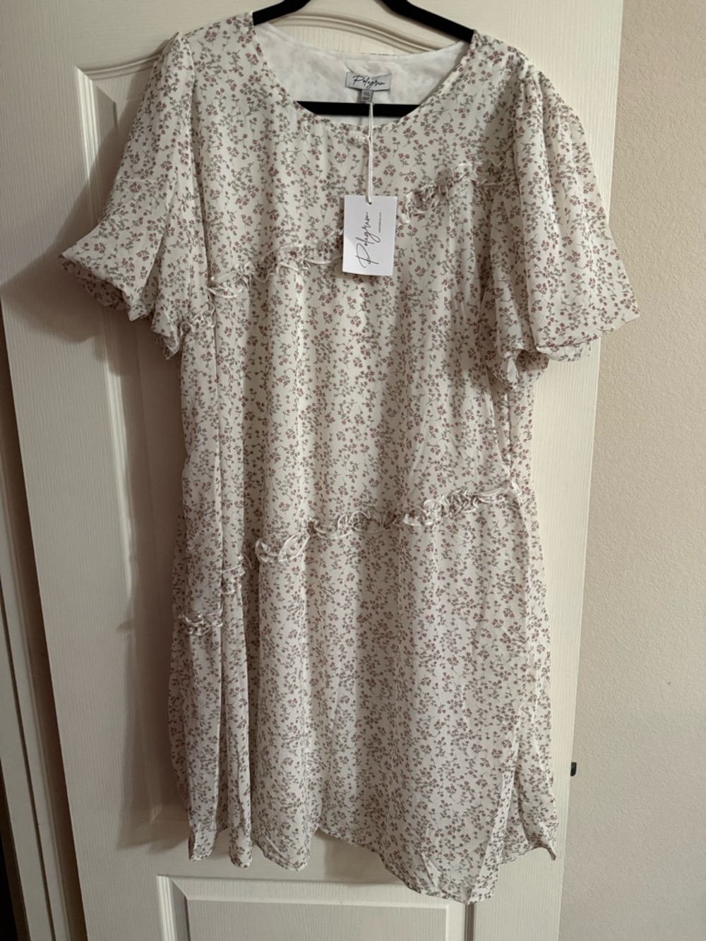 Polagram Cream Midi Dress with Pink Floral Print - 1X with Pockets